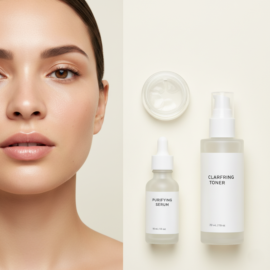 Serenity Skin Acne & Blemish Care collection with acne spot patches, scar serum, and oil-control toner displayed beside a model with clear, glowing skin.
