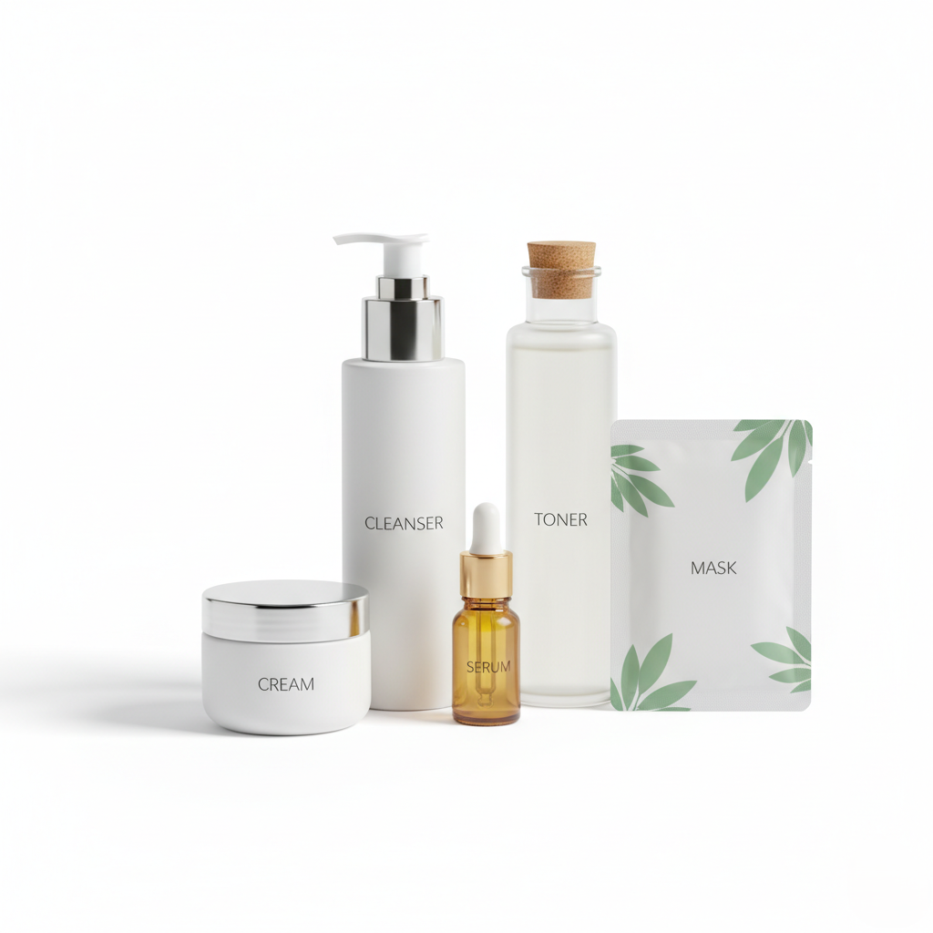 Skin Care Kit for Women Hydrating Skincare Set with facial cleanser, toner, niacinamide serum, vitamin C cream, and hydrating mask, fragrance-free and suitable for all skin types