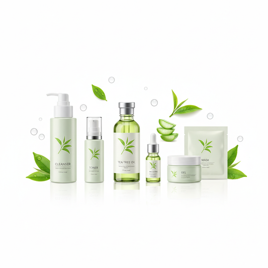 Tea Tree Essential Oil Acne Treatment Skin Care Set for Teens with cleanser, toner, serum, gel, and mask — gentle acne care by Serenity Skin
