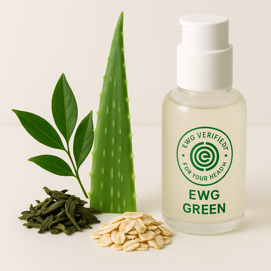 Serenity Skin EWG Green Picks collection with aloe vera, green tea, and oat extract beside skincare bottles, certified safe for sensitive and acne-prone skin