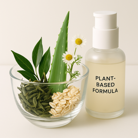 Serenity Skin Plant-Based Solutions with aloe vera, green tea, chamomile, and oat extract beside clean skincare bottles, highlighting natural and eco-friendly care for sensitive skin