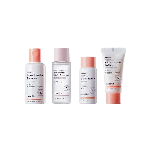 Hanskin Glow Skin on the Go Kit– Brightening & Hydrating Travel Kit with Cleanser, Essence, Serum & Lotion – Korean Skincare for Glowing, Radiant Skin – Moisturizing Face Care Vitamin C Gift Set