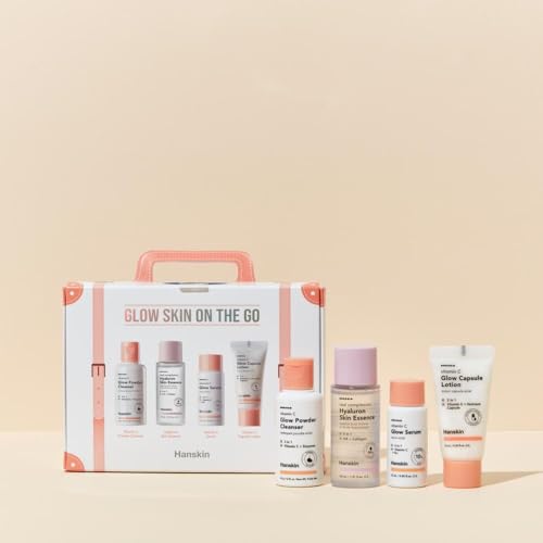 Hanskin Glow Skin on the Go Kit– Brightening & Hydrating Travel Kit with Cleanser, Essence, Serum & Lotion – Korean Skincare for Glowing, Radiant Skin – Moisturizing Face Care Vitamin C Gift Set