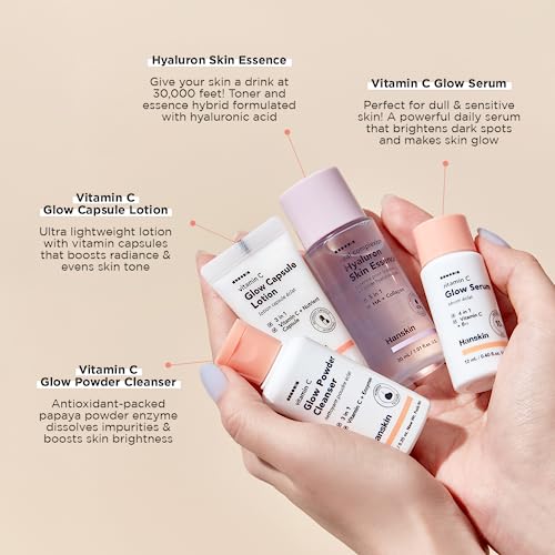 Hanskin Glow Skin on the Go Kit– Brightening & Hydrating Travel Kit with Cleanser, Essence, Serum & Lotion – Korean Skincare for Glowing, Radiant Skin – Moisturizing Face Care Vitamin C Gift Set