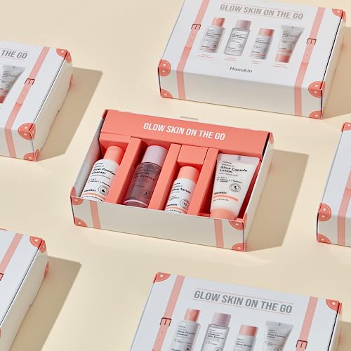 Hanskin Glow Skin on the Go Kit– Brightening & Hydrating Travel Kit with Cleanser, Essence, Serum & Lotion – Korean Skincare for Glowing, Radiant Skin – Moisturizing Face Care Vitamin C Gift Set