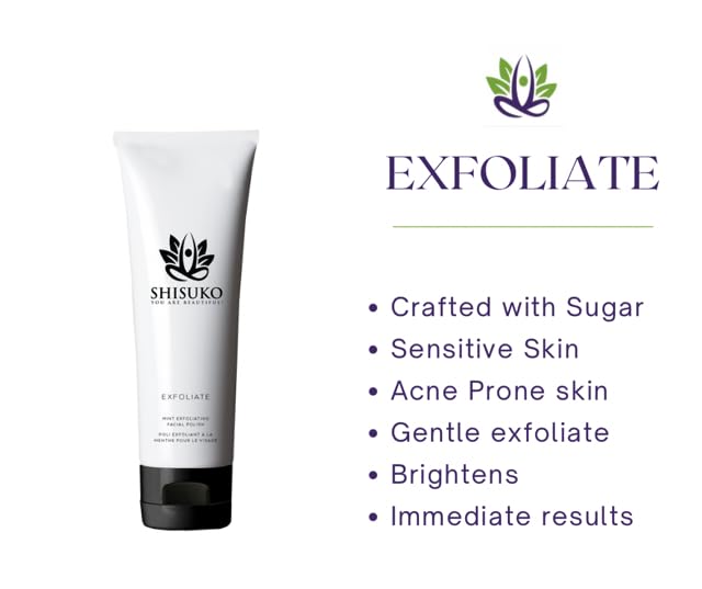 Shisuko Exfoliating Face Polish - Renewed Glow 2in1 gentle cleanser derived from Sugar. Smooths and Brightens without drying. Rapid results, using 2-3 X a week, can last up to 3 Mo - 4 oz