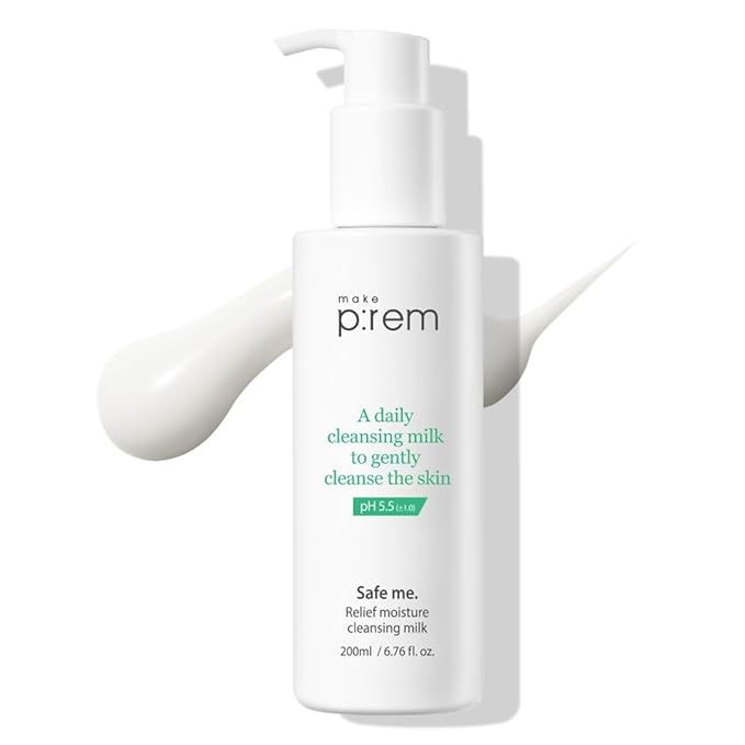 MAKE P:REM Safe Me. Relief Moisture Cleansing Milk, Hydrating Gentle Facial Cleanser for Sensitive Skin with Soy Protein, Korean Face Wash, Korean Skin Care, 6.76 fl.oz., 200ml