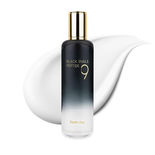 FARMSTAY Black Snail & Peptide 9 Perfect Emulsion, Snail Mucin Moisturizer for Elastic & Glow Skin, Hydrating & Soften, Anti-aging, Skin Barrier Repair, for Women & Men, Korean Skin Care, 4.05 fl.oz