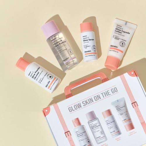 Hanskin Glow Skin on the Go Kit– Brightening & Hydrating Travel Kit with Cleanser, Essence, Serum & Lotion – Korean Skincare for Glowing, Radiant Skin – Moisturizing Face Care Vitamin C Gift Set
