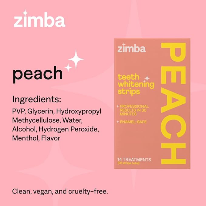Zimba Teeth Whitening Strips Vegan Whitening Strip Enamel Safe Teeth Whitening Hydrogen Peroxide Teeth Whitener for Coffee, Wine, and Other Stains, 28 Strips (14 Day Treatment), Peach
