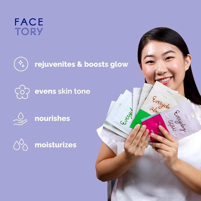 FACETORY K Beauty Face Mask Skin Care - EVERYDAY 8 COLLECTION Sheet Mask Set | Natural Premium Korean Face Mask For All Skin Types - No Sulfates No Parabens (8 pc)