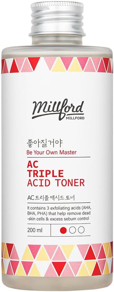 AC Triple Acid Toner 6.76 oz/200 ml – AHA/BHA/PHA Exfoliating & Hydrating Facial Toner with Salicylic Acid & Glycolic Acid for Oily Skin, Pore Cleaning, Acne & Sebum Control, Korean Skincare