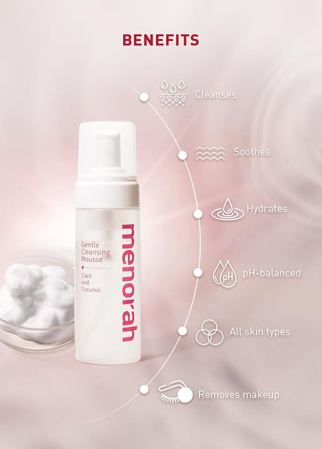 menorah Gentle Cleansing Mousse – Hydrating pH-Balanced Face Wash with Cactus & Cucumber Extracts, Soothing Daily Cleanser for Sensitive & Dry Skin
