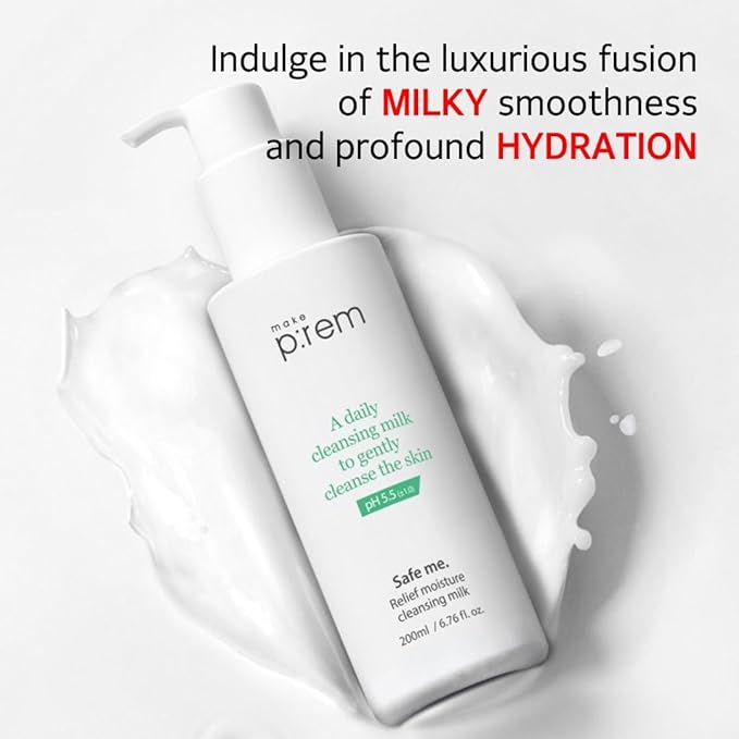 MAKE P:REM Safe Me. Relief Moisture Cleansing Milk, Hydrating Gentle Facial Cleanser for Sensitive Skin with Soy Protein, Korean Face Wash, Korean Skin Care, 6.76 fl.oz., 200ml