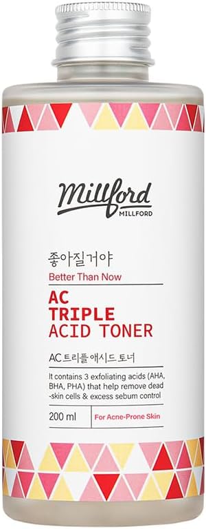 AC Triple Acid Toner 6.76 oz/200 ml – AHA/BHA/PHA Exfoliating & Hydrating Facial Toner with Salicylic Acid & Glycolic Acid for Oily Skin, Pore Cleaning, Acne & Sebum Control, Korean Skincare