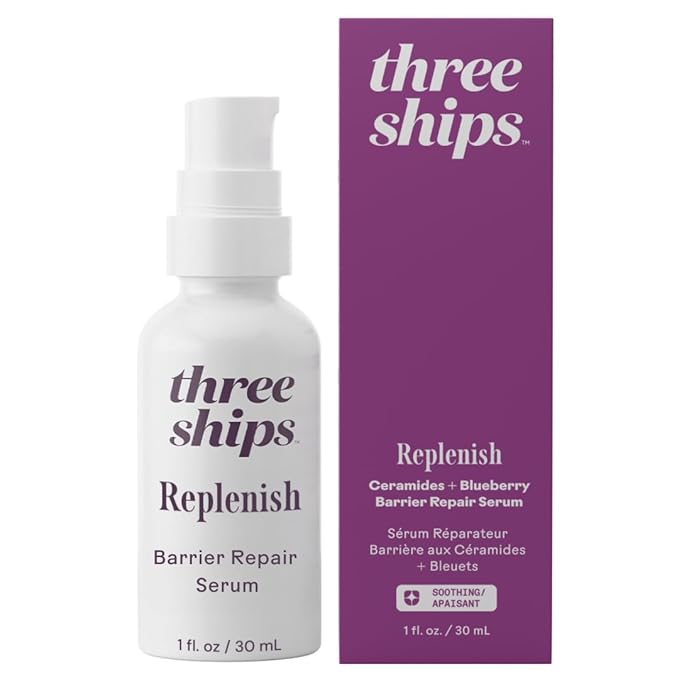 Three Ships Replenish Barrier Repair Serum with Ceramides + Blueberry Oil - Soothing Face Serum, Supports Skin Barrier and Reduces Redness (1 floz)