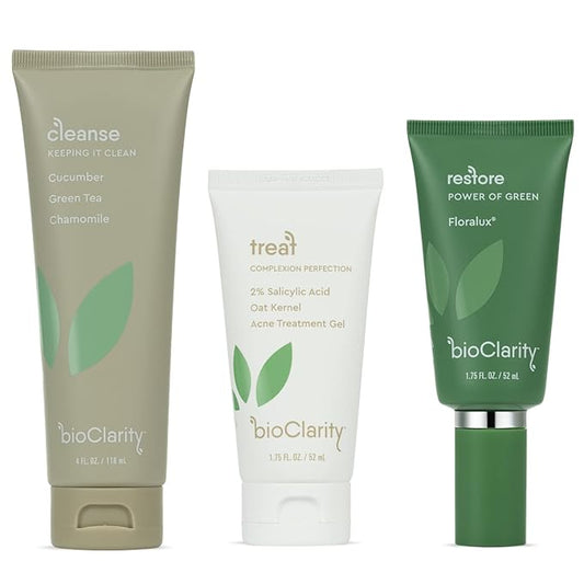 BioClarity 3-Step Acne Routine, Full Size, for Oily or Acne-Prone Skin, Clean Vegan Ingredients, Includes Cleanser, Salicylic Acid Acne Treatment Gel, Restorative Green Gel