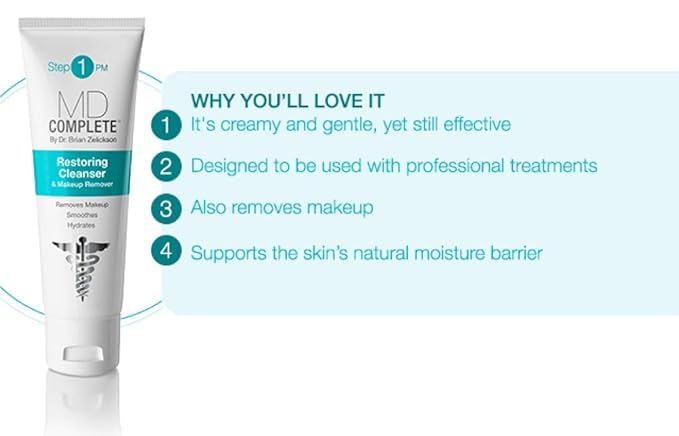 MD Complete 2-in-1 Restoring Cleanser and Makeup Remover | Anti-Aging Gentle, Non-Foaming Cleanser | with Aloe Vera and Chamomile 3 fl oz