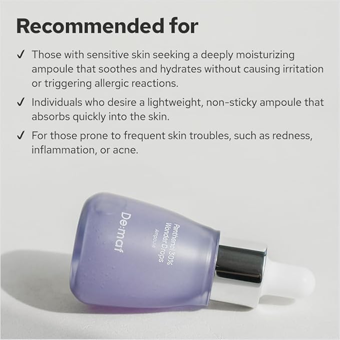 De:maf Panthenol 30% Wonder Drops Ampoule, Panthenol 30% and Evening Primrose Extract for Instant Calming, Suitable for All Sensitive Skin, Korean Skincare