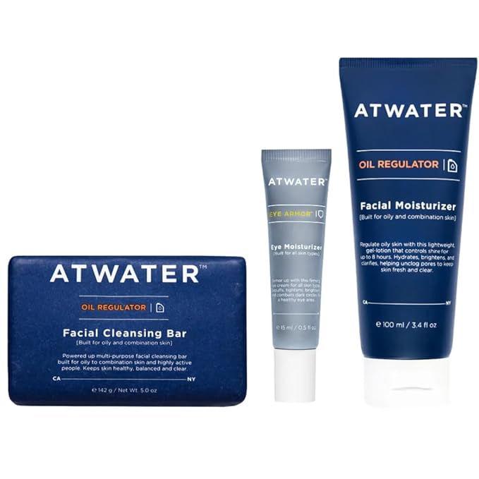 ATWATER Oily Skin Starter Set, Complete Men's Skincare Kit with Face Wash Bar, Award-Winning Face Moisturizer & Eye Cream - 3 Piece Kit
