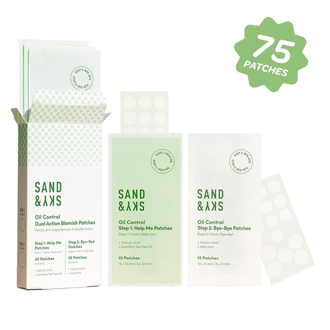 Sand & Sky Oil Control Dual Action Hydrocolloid Pimple Patches with Salicylic Acid & Centella - Blemish Spot Formula, 75 Count, For Whiteheads & Red Pimples