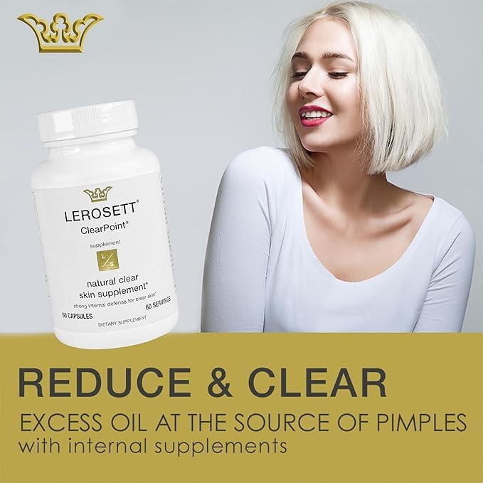 LEROSETT ClearPoint Anti Acne Pills, Natural Supplements for Hormonal & Cystic Acne Treatment for Oily Skin & Breakouts. 60 Caps