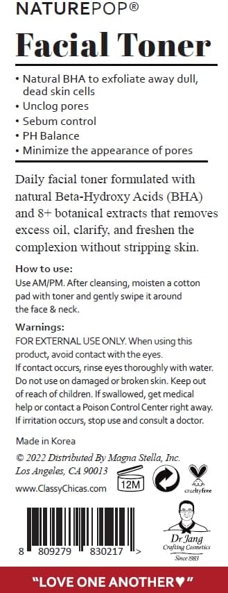 Facial Toner by NATUREPOP - Oil Free, BHA, Rose Water, Witch Hazel and Vitamin C - Acne & Pore Sebum Control 200 mL / 6.76 oz Made in Korea