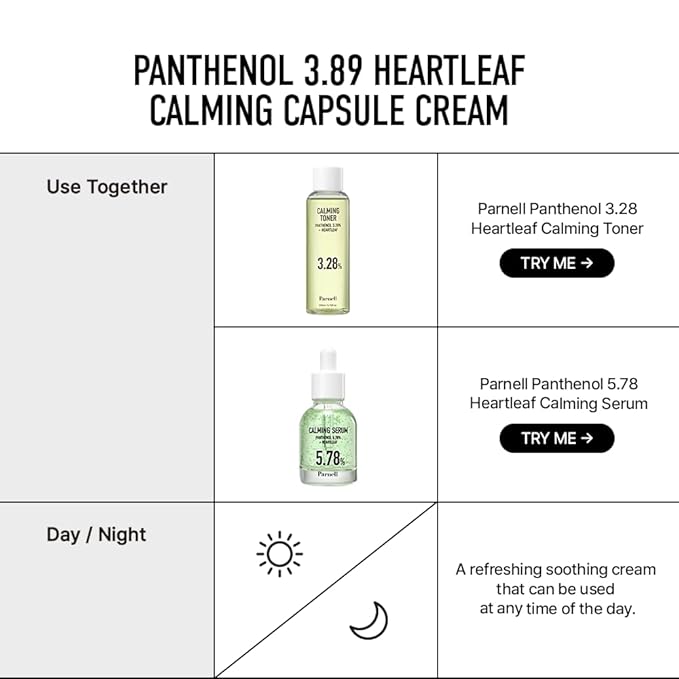 Parnell Panthenol 3.89% | 50ml / 1.69 fl.oz. | Heartleaf Calming Capsule Cream, Acne soothing cream, korea skin care, korea beauty