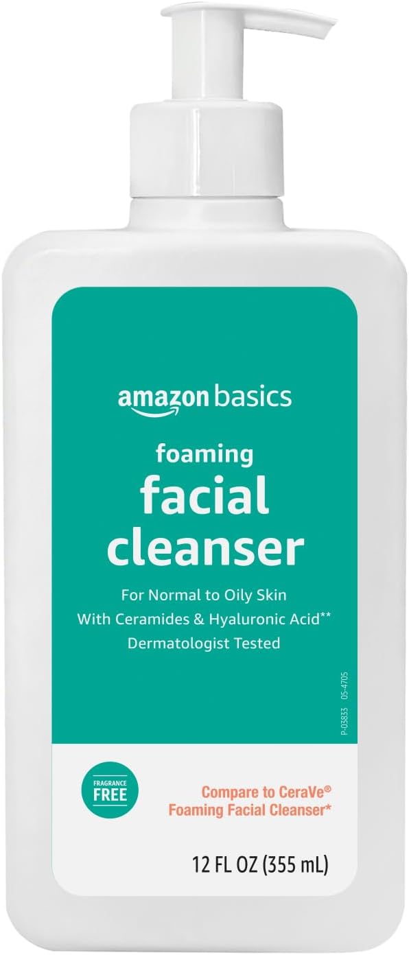 Amazon Basics Foaming Facial Cleanser with Ceramides & Hyaluronic Acid, Fragrance-Free, 12 Fl Oz, Pack of 1