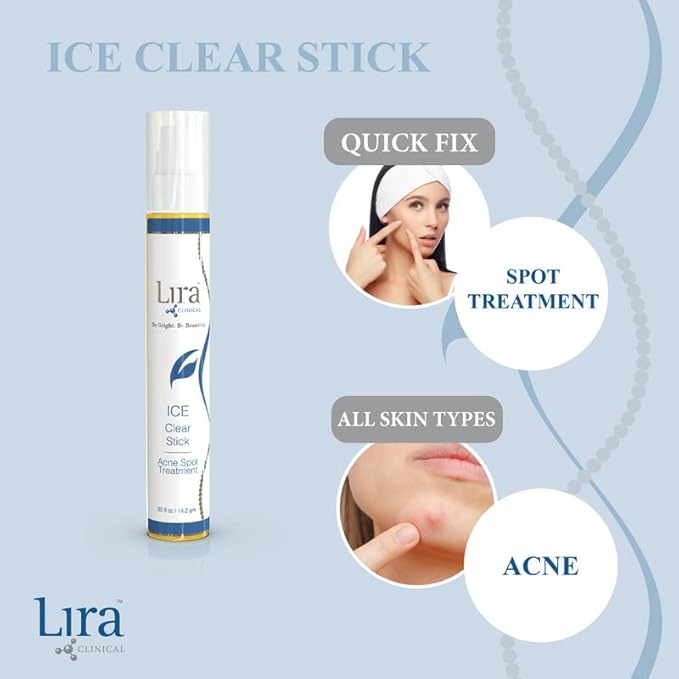 Lira Clinical ICE Clear Stick - On-the-Go Acne Spot Treatment Stick Infused with Salicylic Acid & Collagen Peptides - Quick Fix Pimple Stick to Combat Breakouts & Reduce Redness - 0.5 fl oz