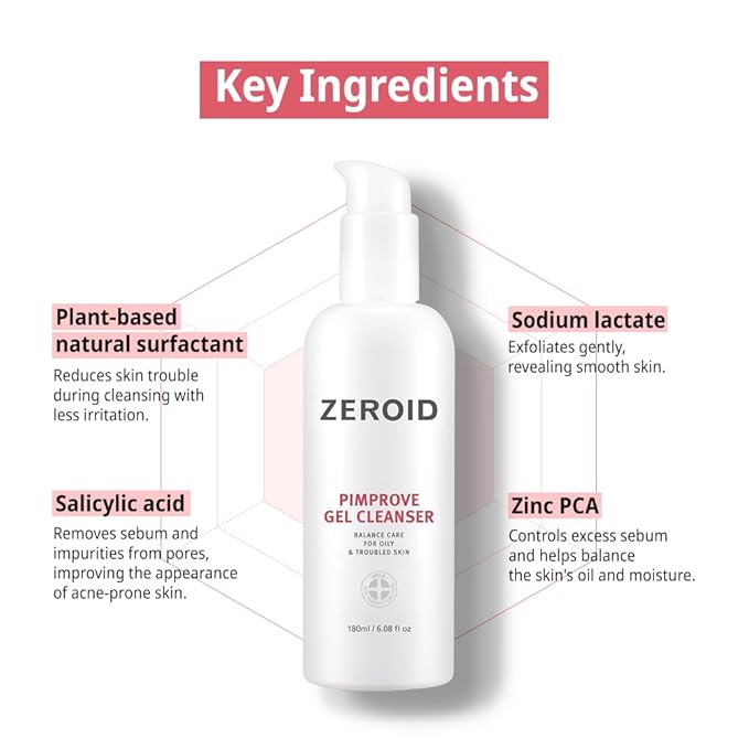 ZEROID | Pimprove Gel Cleanser | Gentle Face Cleanser | Face Wash for Sensitive Skin | Balanced Care for Oily & Troubled Skin | Acne-Prone Skincare | Korean Dermocosmetic | 6.08 fl oz (180ml)