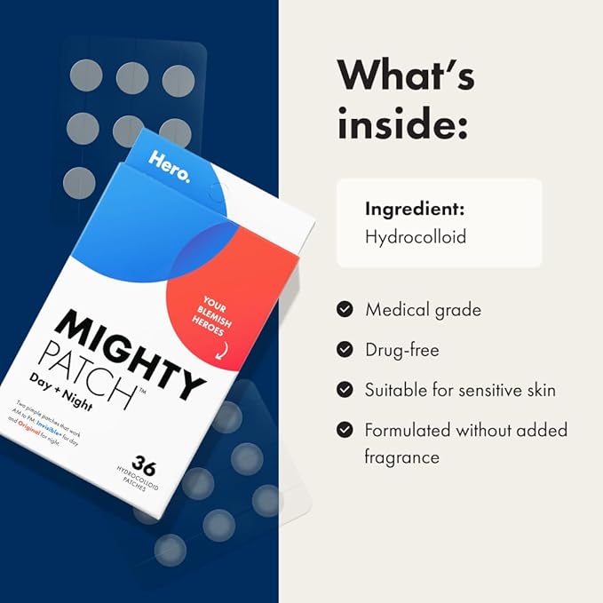 Mighty Patch™ Day and Night Patches – The Hydrocolloid Patch Duo Pack. Derm-Tested. Medical-Grade Hydrocolloid. Absorbs Pimple Gunk in 6-8 Hours. 36ct (18x Original, 18x Invisible+)