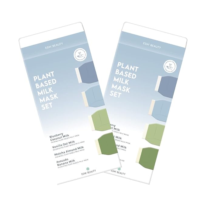 ESW Beauty Plant-Based Milk Face Masks - 8-Pack Variety Set - Hydrating, Radiance, Firming & Soothing with Avocado, Matcha, Blueberry, Vanilla & Oat Extracts for All Skin Types