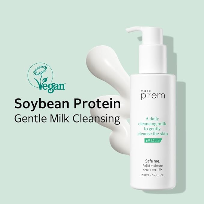 MAKE P:REM Safe Me. Relief Moisture Cleansing Milk, Hydrating Gentle Facial Cleanser for Sensitive Skin with Soy Protein, Korean Face Wash, Korean Skin Care, 6.76 fl.oz., 200ml