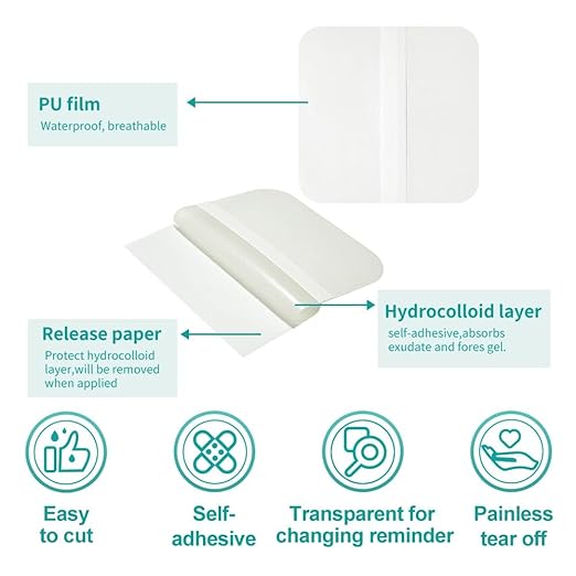 Dimora Hydrocolloid Dressing 4" x 4" for Wound Care, 10 Pack Large Patch Bandages with Self-Adhesive for Bedsore, Burn, Blister, Acne Care, Super Absorbent for Fast Healing