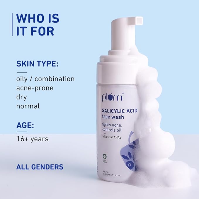 Plum 1% Encapsulated Salicylic Acid Foaming Face Wash with Glycolic Acid, Fruit AHA's & Blueberry Extracts | Fights Acne, Blackheads & Breakouts | For Men & Women | Sulphate-Free | 100% Vegan | 110 ml