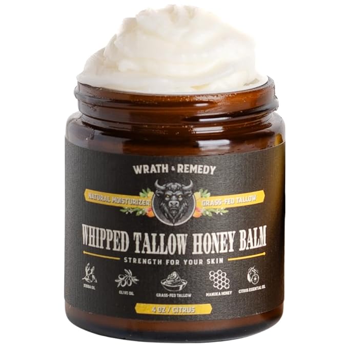 Wrath & Remedy Handmade Whipped Organic Beef Tallow for Skin - 4 OZ (Citrus) — Grass Fed Beef Tallow Moisturizer and Honey Balm for Silky, Sensitive-Skin, Eczema, Rosacea - Free of Harsh Chemicals