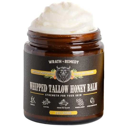 Wrath & Remedy Handmade Whipped Organic Beef Tallow for Skin - 4 OZ (Citrus) — Grass Fed Beef Tallow Moisturizer and Honey Balm for Silky, Sensitive-Skin, Eczema, Rosacea - Free of Harsh Chemicals