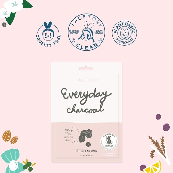 FACETORY K Beauty Face Mask Skin Care - Everyday CHARCOAL Detoxifying Sheet Mask | Plant-Based Charcoal Face Mask (10 Pack)