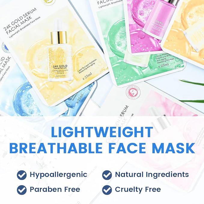 Face Sheet Mask Skincare,Hydrating Spa Face Mask For Sensitive Skin,Moisturize,Nourish for All Skin Types,Natural Skin Care Spa Face Mask for Women Men Girls,Pack of 6