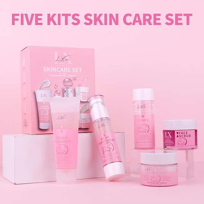 5 Step Skincare Kit with Cleanser, Face Scrub, Clay Mask,Toner & Acne Serum for Teens and Adults
