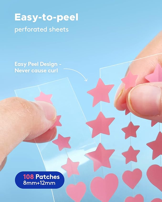 LitBear Acne Patch Pimple Patch, Pink Heart & Star Shaped Absorbing Cover Hydrocolloid Patches For Face Zit, Acne Dots, Tea Tree Oil + Centella (108 Count (Pack of 1))