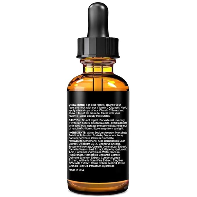 Radha Beauty Natural Vitamin C Serum 2oz, Vitamin C, Vitamin E, Hyaluronic Acid and Aloe, Facial Serum for Anti-Aging Wrinkles, Dark Spots, Fine Lines