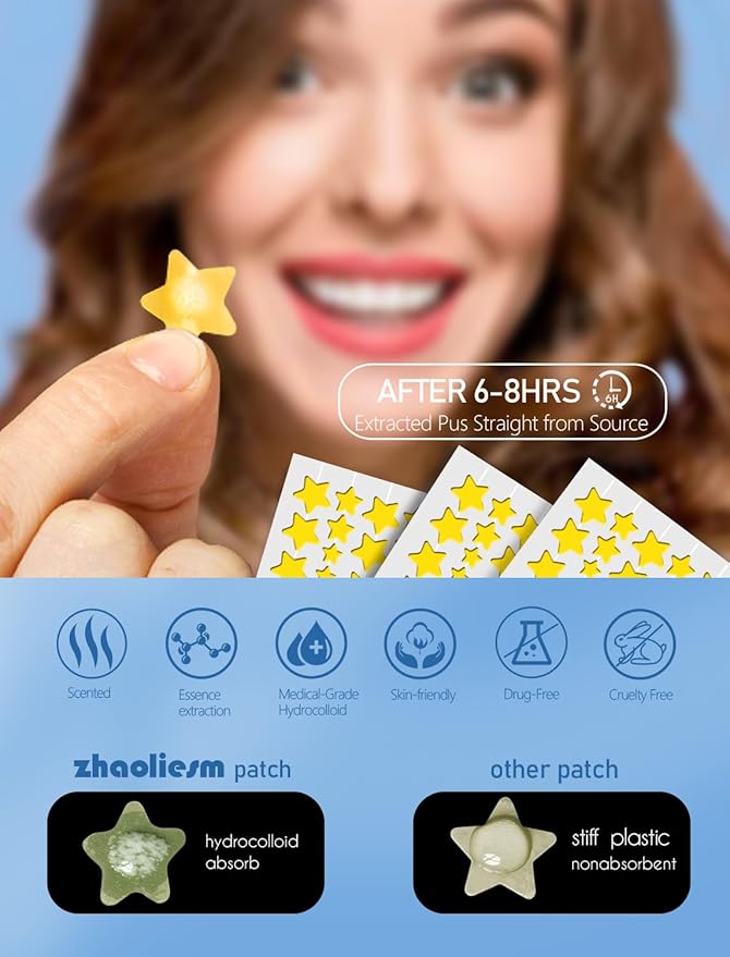 Yellow Star Pimple Patches for Face, 153 Count Hydrocolloid Star Acne Patches Invisible, Cute Zit Covers for Face, Spot Stickers with Tea Tree, Salicylic Acid and Cica Oil