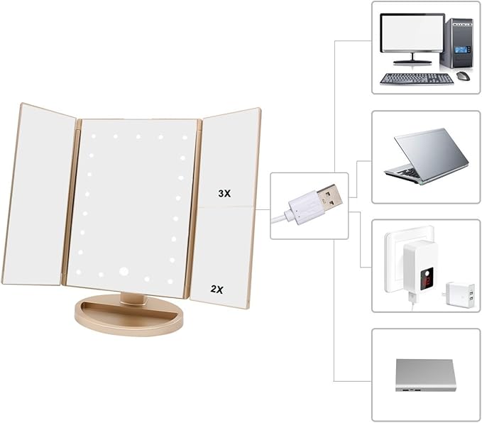 deweisn Floor Mount Tri-Fold Lighted Vanity Mirror with 21 LED Lights, Touch Screen and 3X/2X/1X Magnification, Two Power Supply Modes Make Up Mirror,Travel Mirror