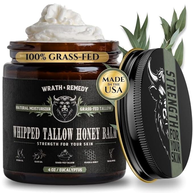 Wrath & Remedy Handmade Whipped Organic Beef Tallow for Skin - 4 OZ (Eucalyptus) — Grass Fed Beef Tallow Moisturizer and Honey Balm for Silky, Sensitive-Skin, Eczema, Rosacea - Free of Harsh Chemicals