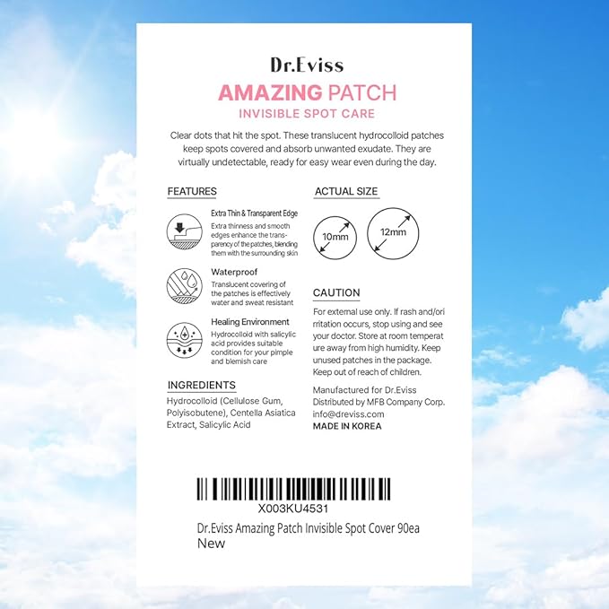 Amazing Patch - Korean Skin-tech Pimple Patch Invisible Spot Cover, Acne Patches for Face, Zit and Blemish Spot - 90ea