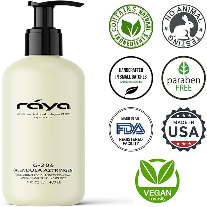 RAYA Calendula Astringent with AHA 16 oz (G-206) | Glycolic Facial Toner for Combo and Partially Oily Skin Prone to Break-Outs | Helps Normalize pH and Fight Bacteria | Made with Alpha Hydroxy Acids