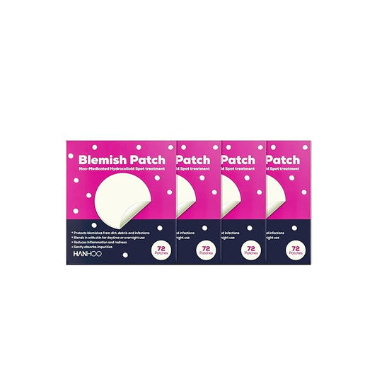 Hanhoo Blemish Patch, 288 count, includes hydrocolloid pimple patches that shrink pimples, absorb fluid, and protect from finger-picking and dirt. Invisible acne spot patches for Korean skincare.