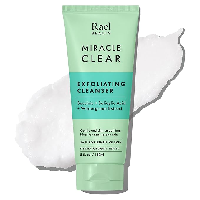 Rael Miracle Clear Face Wash – Gentle Exfoliating Cleanser with Succinic Acid & Minerals, Hydrating Formula for Daily Use, Ideal for Acne-Prone, Dry, Sensitive & Oily Skin, Vegan (5 fl oz)